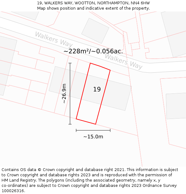 19, WALKERS WAY, WOOTTON, NORTHAMPTON, NN4 6HW: Plot and title map
