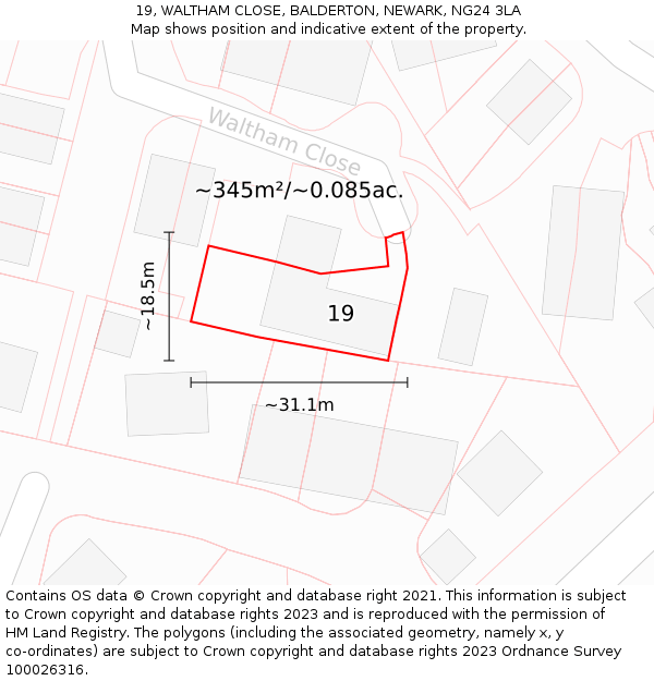 19, WALTHAM CLOSE, BALDERTON, NEWARK, NG24 3LA: Plot and title map