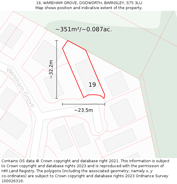 19, WAREHAM GROVE, DODWORTH, BARNSLEY, S75 3LU: Plot and title map