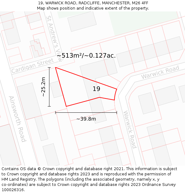 19, WARWICK ROAD, RADCLIFFE, MANCHESTER, M26 4FF: Plot and title map