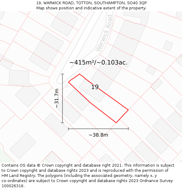 19, WARWICK ROAD, TOTTON, SOUTHAMPTON, SO40 3QP: Plot and title map