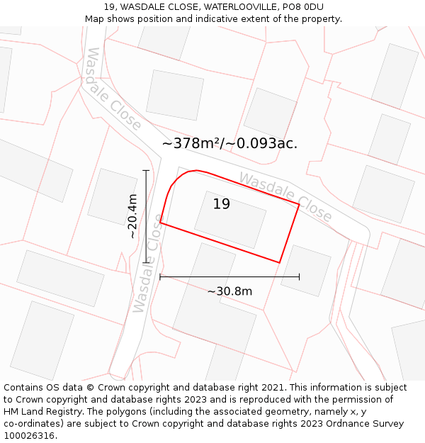 19, WASDALE CLOSE, WATERLOOVILLE, PO8 0DU: Plot and title map