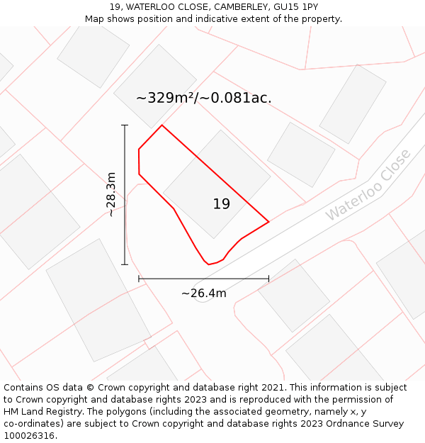 19, WATERLOO CLOSE, CAMBERLEY, GU15 1PY: Plot and title map