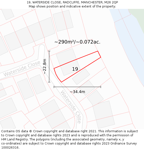 19, WATERSIDE CLOSE, RADCLIFFE, MANCHESTER, M26 2QP: Plot and title map
