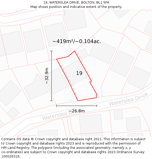 19, WATERSLEA DRIVE, BOLTON, BL1 5FA: Plot and title map