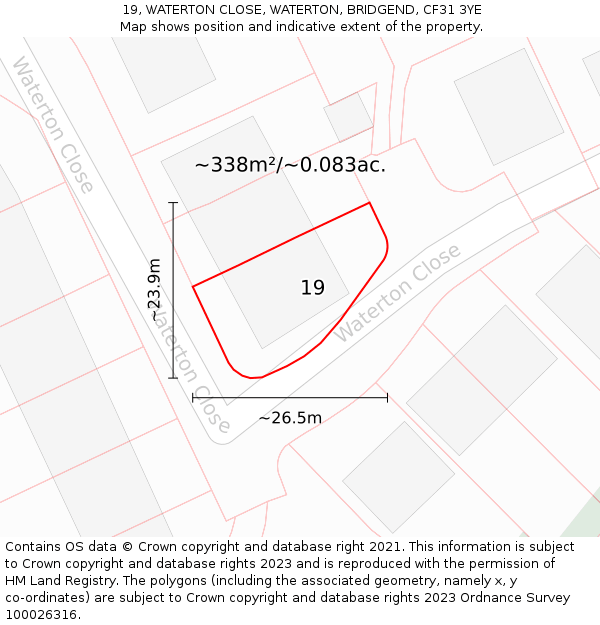 19, WATERTON CLOSE, WATERTON, BRIDGEND, CF31 3YE: Plot and title map