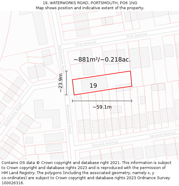 19, WATERWORKS ROAD, PORTSMOUTH, PO6 1NG: Plot and title map