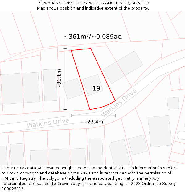 19, WATKINS DRIVE, PRESTWICH, MANCHESTER, M25 0DR: Plot and title map