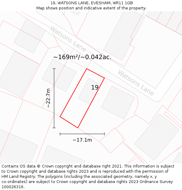 19, WATSONS LANE, EVESHAM, WR11 1GB: Plot and title map