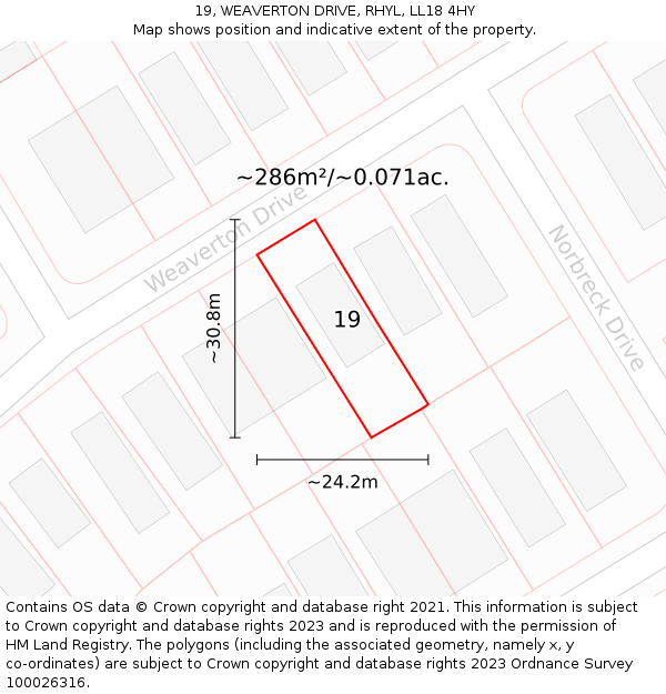 19, WEAVERTON DRIVE, RHYL, LL18 4HY: Plot and title map