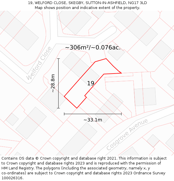 19, WELFORD CLOSE, SKEGBY, SUTTON-IN-ASHFIELD, NG17 3LD: Plot and title map