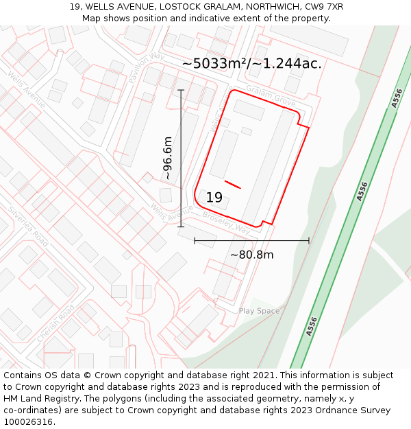 19, WELLS AVENUE, LOSTOCK GRALAM, NORTHWICH, CW9 7XR: Plot and title map