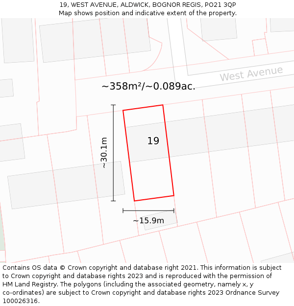 19, WEST AVENUE, ALDWICK, BOGNOR REGIS, PO21 3QP: Plot and title map