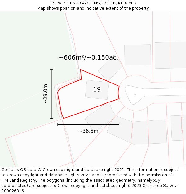 19, WEST END GARDENS, ESHER, KT10 8LD: Plot and title map