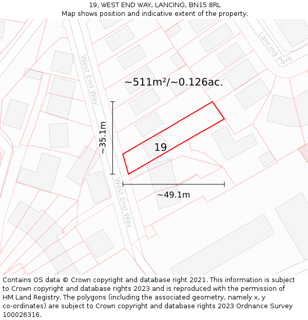 19, WEST END WAY, LANCING, BN15 8RL: Plot and title map
