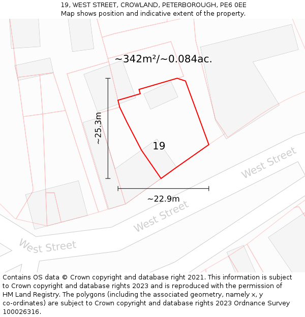 19, WEST STREET, CROWLAND, PETERBOROUGH, PE6 0EE: Plot and title map