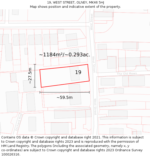 19, WEST STREET, OLNEY, MK46 5HJ: Plot and title map