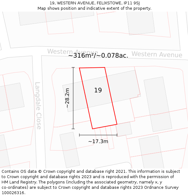 19, WESTERN AVENUE, FELIXSTOWE, IP11 9SJ: Plot and title map