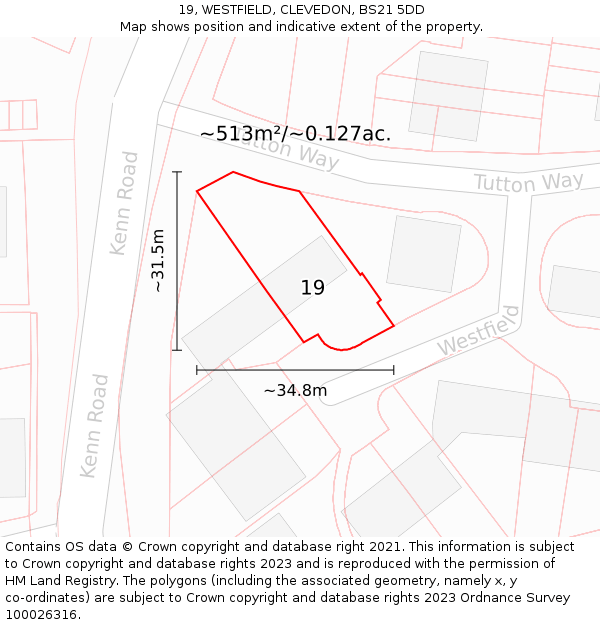 19, WESTFIELD, CLEVEDON, BS21 5DD: Plot and title map