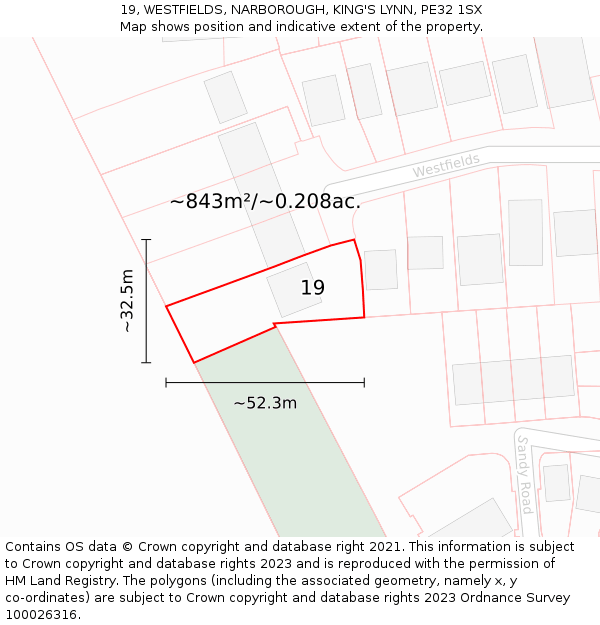 19, WESTFIELDS, NARBOROUGH, KING'S LYNN, PE32 1SX: Plot and title map