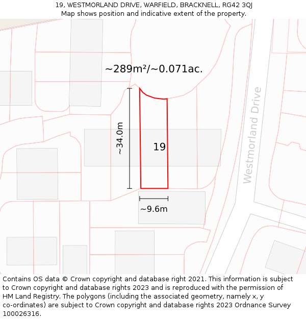 19, WESTMORLAND DRIVE, WARFIELD, BRACKNELL, RG42 3QJ: Plot and title map