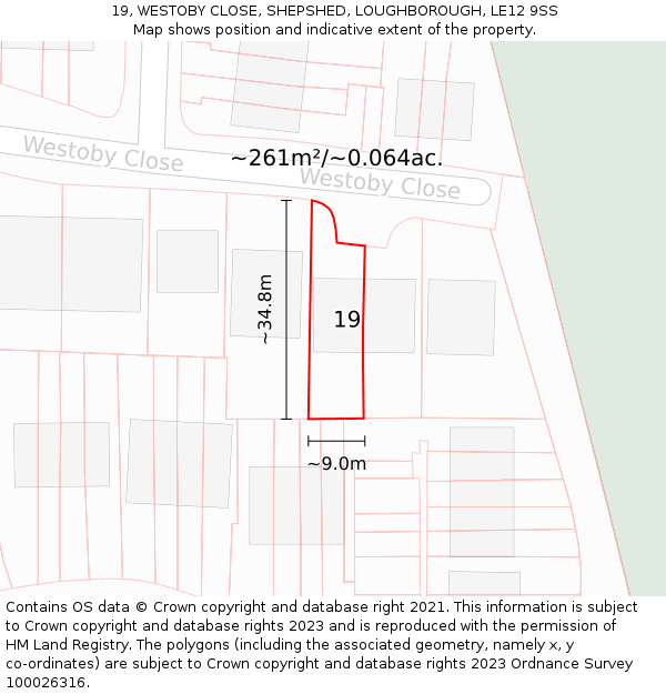 19, WESTOBY CLOSE, SHEPSHED, LOUGHBOROUGH, LE12 9SS: Plot and title map