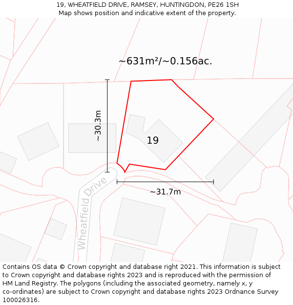 19, WHEATFIELD DRIVE, RAMSEY, HUNTINGDON, PE26 1SH: Plot and title map