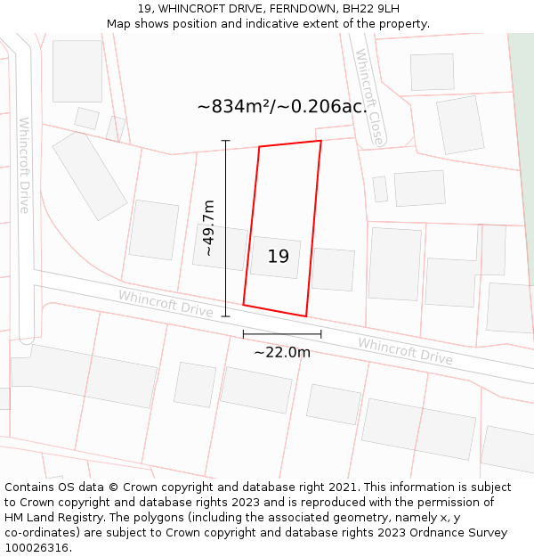 19, WHINCROFT DRIVE, FERNDOWN, BH22 9LH: Plot and title map