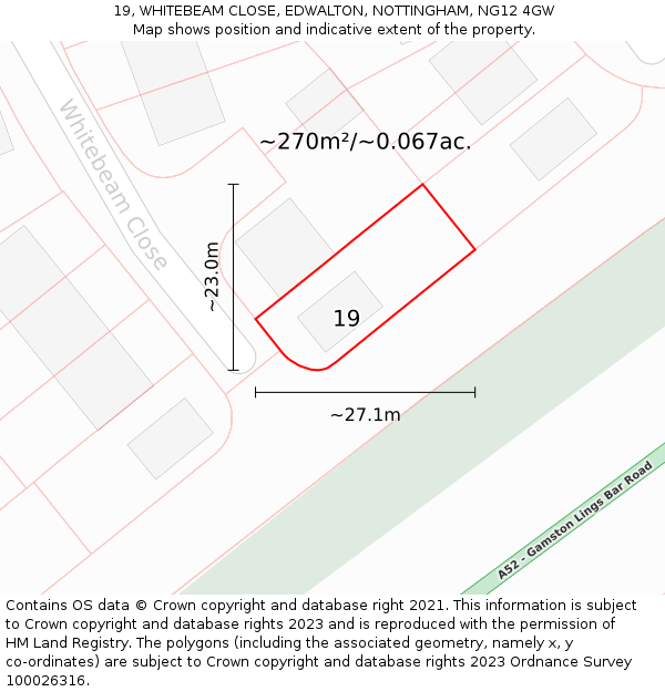 19, WHITEBEAM CLOSE, EDWALTON, NOTTINGHAM, NG12 4GW: Plot and title map