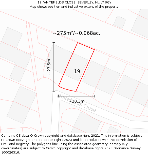 19, WHITEFIELDS CLOSE, BEVERLEY, HU17 9GY: Plot and title map