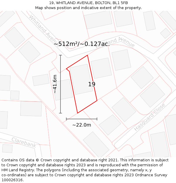 19, WHITLAND AVENUE, BOLTON, BL1 5FB: Plot and title map