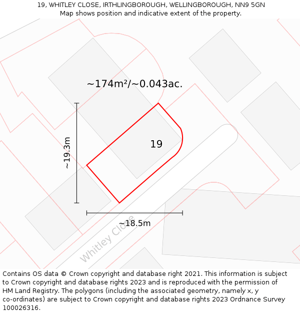 19, WHITLEY CLOSE, IRTHLINGBOROUGH, WELLINGBOROUGH, NN9 5GN: Plot and title map