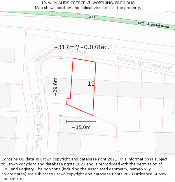 19, WHYLANDS CRESCENT, WORTHING, BN13 3HQ: Plot and title map