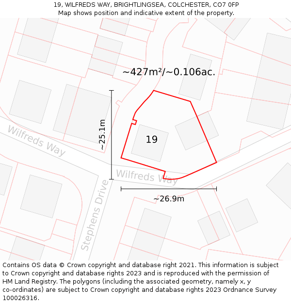 19, WILFREDS WAY, BRIGHTLINGSEA, COLCHESTER, CO7 0FP: Plot and title map