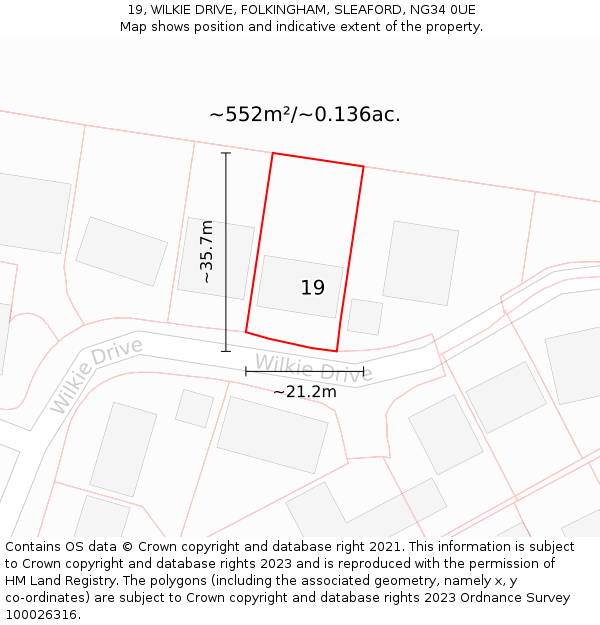 19, WILKIE DRIVE, FOLKINGHAM, SLEAFORD, NG34 0UE: Plot and title map