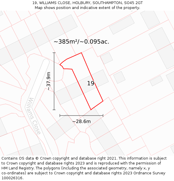 19, WILLIAMS CLOSE, HOLBURY, SOUTHAMPTON, SO45 2GT: Plot and title map