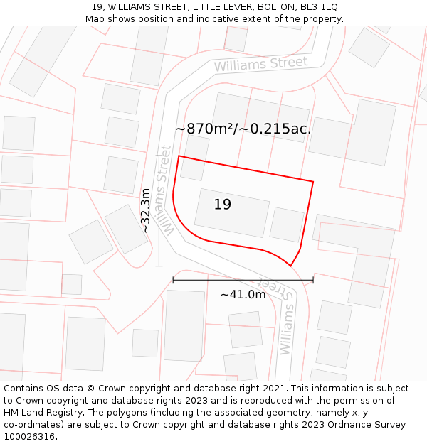 19, WILLIAMS STREET, LITTLE LEVER, BOLTON, BL3 1LQ: Plot and title map