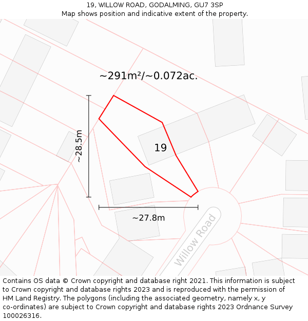 19, WILLOW ROAD, GODALMING, GU7 3SP: Plot and title map