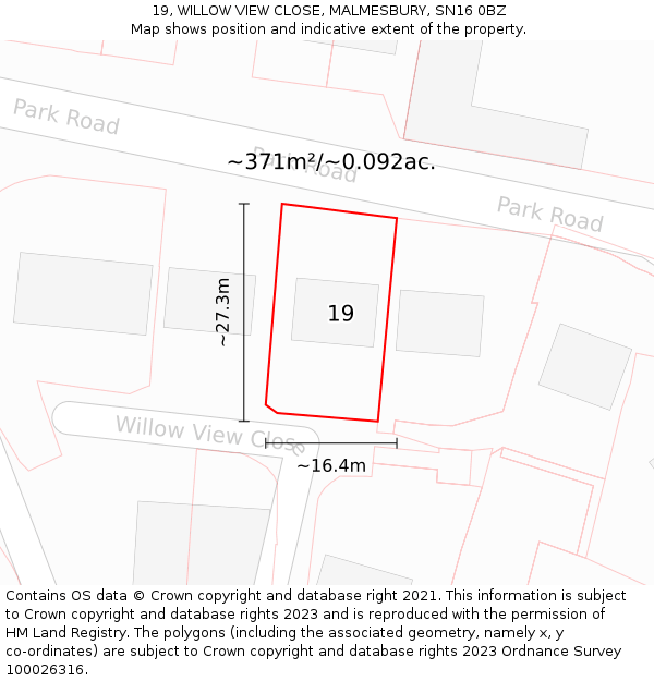 19, WILLOW VIEW CLOSE, MALMESBURY, SN16 0BZ: Plot and title map