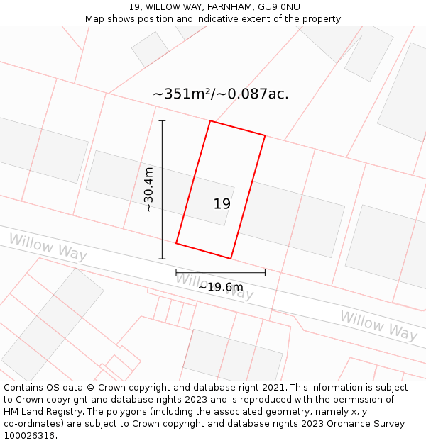19, WILLOW WAY, FARNHAM, GU9 0NU: Plot and title map
