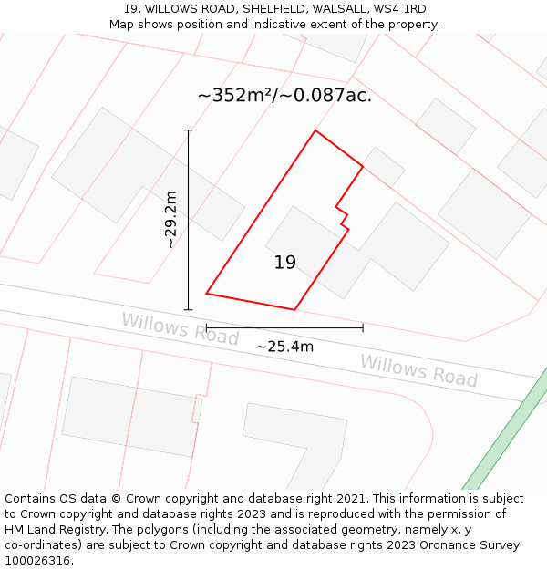 19, WILLOWS ROAD, SHELFIELD, WALSALL, WS4 1RD: Plot and title map