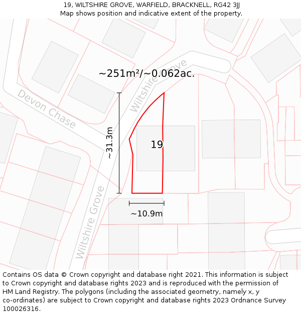 19, WILTSHIRE GROVE, WARFIELD, BRACKNELL, RG42 3JJ: Plot and title map