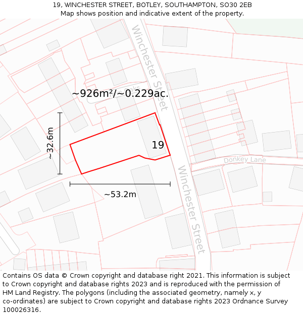 19, WINCHESTER STREET, BOTLEY, SOUTHAMPTON, SO30 2EB: Plot and title map