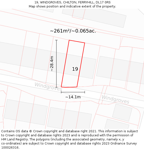 19, WINDGROVES, CHILTON, FERRYHILL, DL17 0RS: Plot and title map
