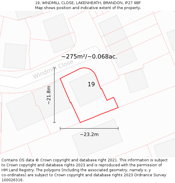 19, WINDMILL CLOSE, LAKENHEATH, BRANDON, IP27 9BF: Plot and title map