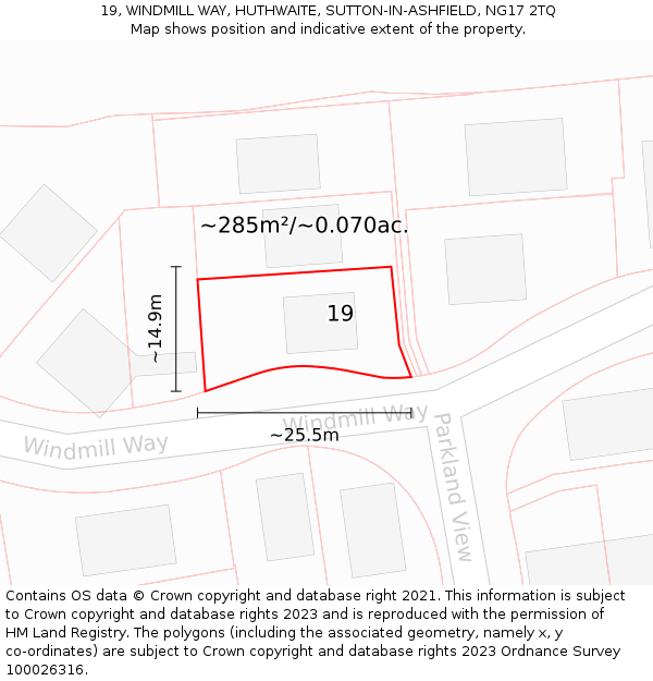 19, WINDMILL WAY, HUTHWAITE, SUTTON-IN-ASHFIELD, NG17 2TQ: Plot and title map