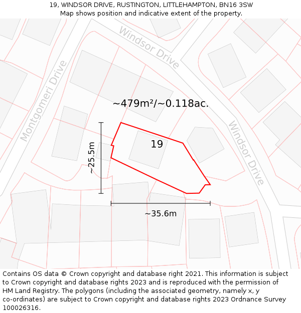 19, WINDSOR DRIVE, RUSTINGTON, LITTLEHAMPTON, BN16 3SW: Plot and title map