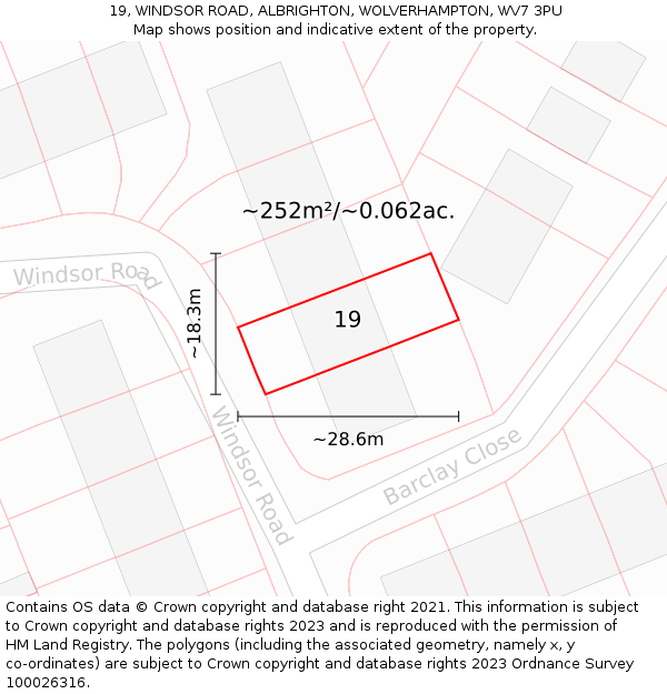 19, WINDSOR ROAD, ALBRIGHTON, WOLVERHAMPTON, WV7 3PU: Plot and title map