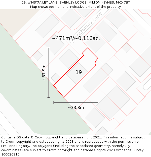 19, WINSTANLEY LANE, SHENLEY LODGE, MILTON KEYNES, MK5 7BT: Plot and title map