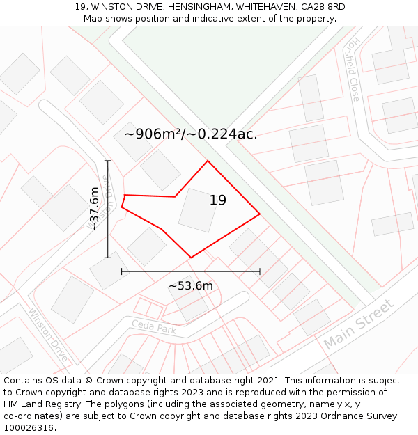 19, WINSTON DRIVE, HENSINGHAM, WHITEHAVEN, CA28 8RD: Plot and title map